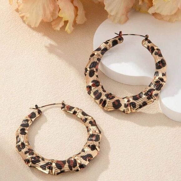 Leopard Gold and Black Hoop Bamboo Joint Earrings - Picture 1 of 6